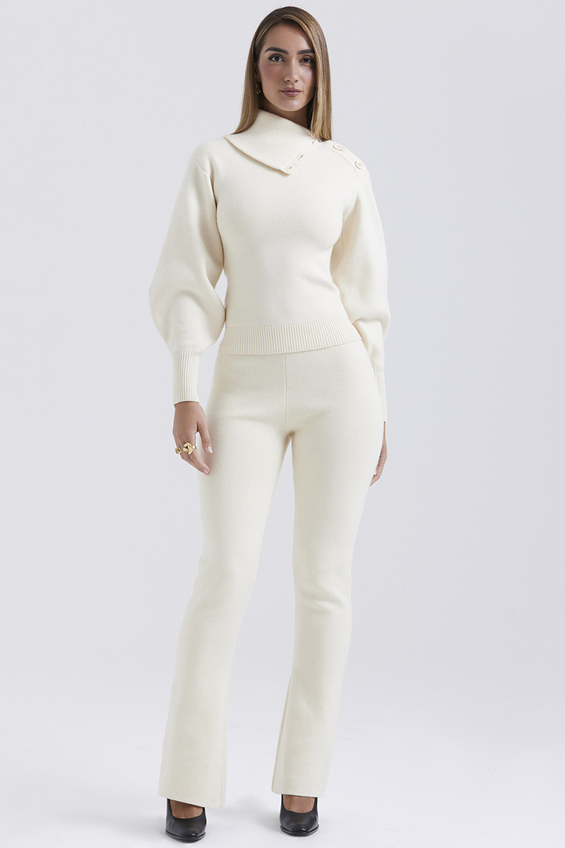 Irregular Folded Stand Collar Lantern Sleeve Sweater Plain Pants Matching Set-Beige-Hayhty.All Rights Reserved.