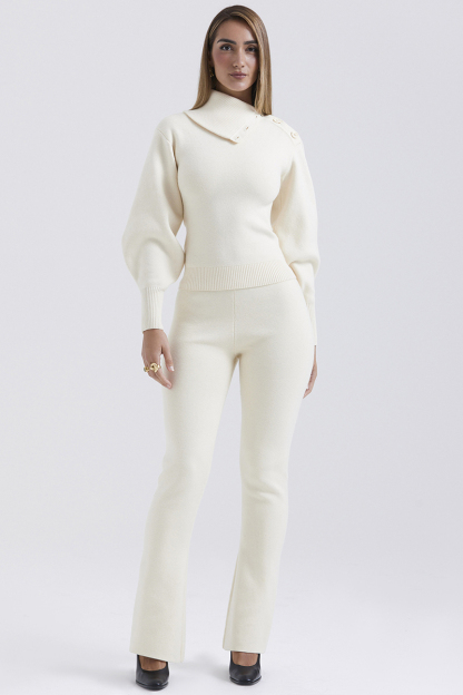 Irregular Folded Stand Collar Lantern Sleeve Sweater Plain Pants Matching Set-Beige-Hayhty.All Rights Reserved.