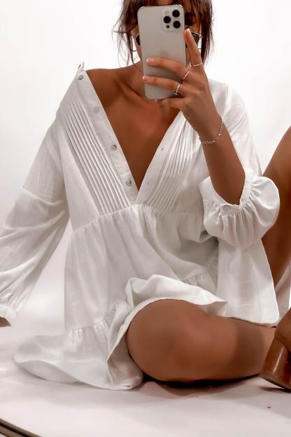 Long Sleeve Button White Mini Dresses-Hayhty.All Rights Reserved.