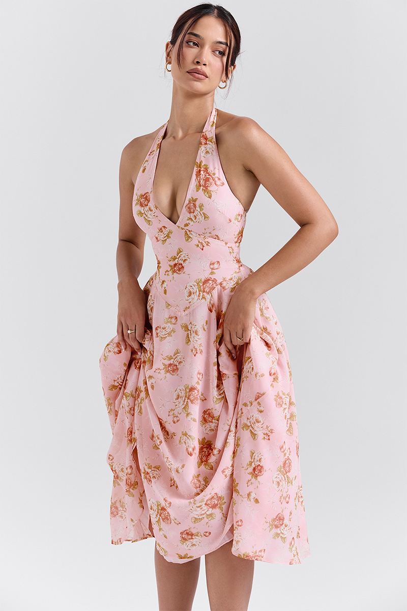 Deep V Neck Floral Print Cinch Waist Halter Midi Dresses-Pink-Hayhty.All Rights Reserved.