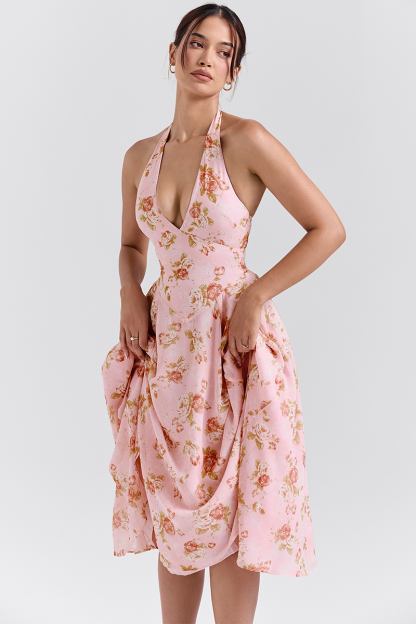 Deep V Neck Floral Print Cinch Waist Halter Midi Dresses-Pink-Hayhty.All Rights Reserved.