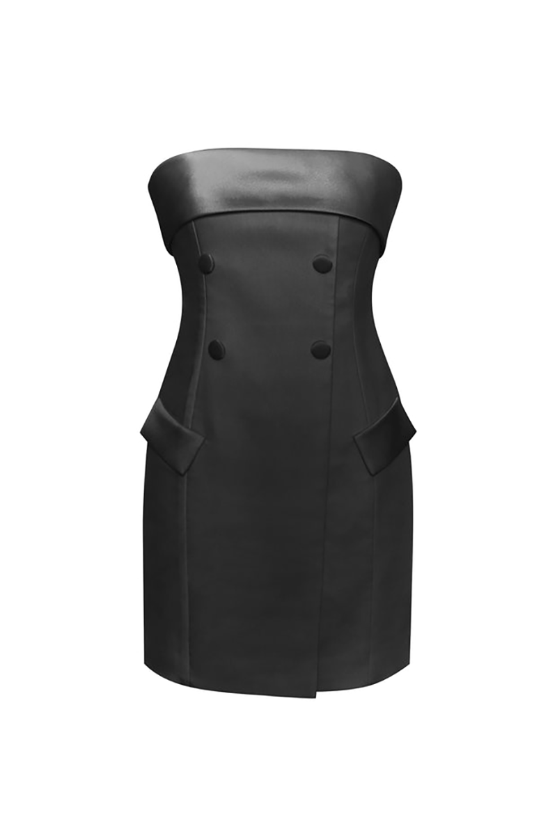 Boat Neck Strapless Double-Breasted Bodycon Mini Dresses-Black-Hayhty.All Rights Reserved.