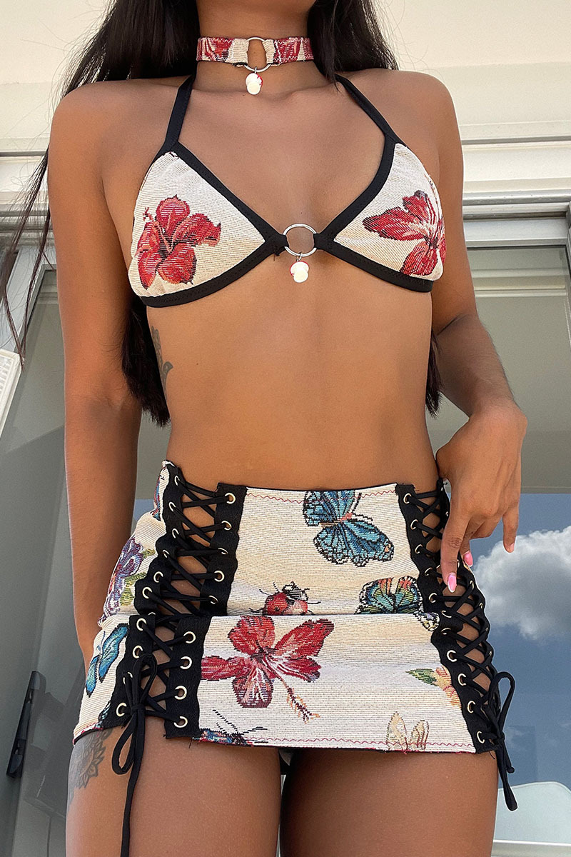Floral Print Halter Bikini Top Lace Up Mini Skirt 2pcs Set-Beige-Hayhty.All Rights Reserved.