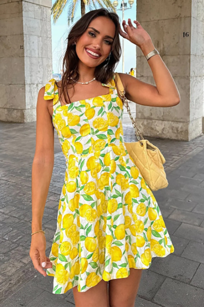 Lemons Print Boat Neck Tie Up Shoulder Straps A-Line Mini Dresses-Yellow-Hayhty.All Rights Reserved.