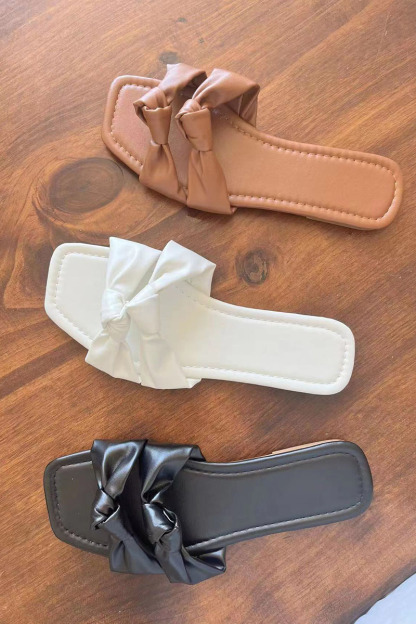 PU Leather Knotted Cutout Pleated Flat Slippers-Hayhty.All Rights Reserved.