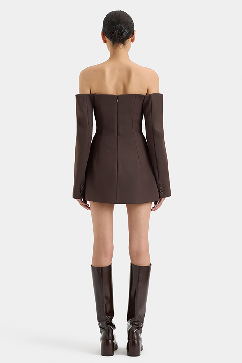 Off Shoulder Long Sleeve Button Up Slim Fit Mini Dresses-Beige-Hayhty.All Rights Reserved.