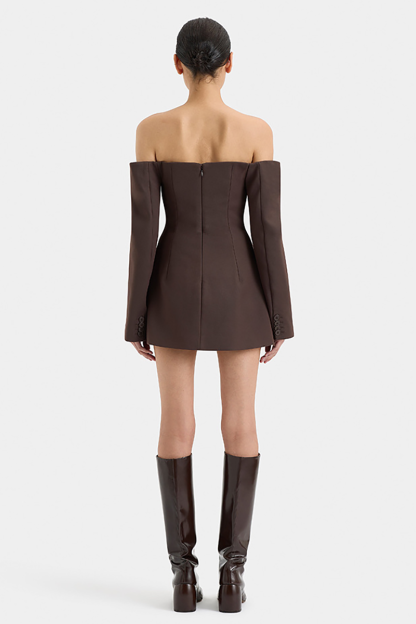 Off Shoulder Long Sleeve Button Up Slim Fit Mini Dresses-Beige-Hayhty.All Rights Reserved.