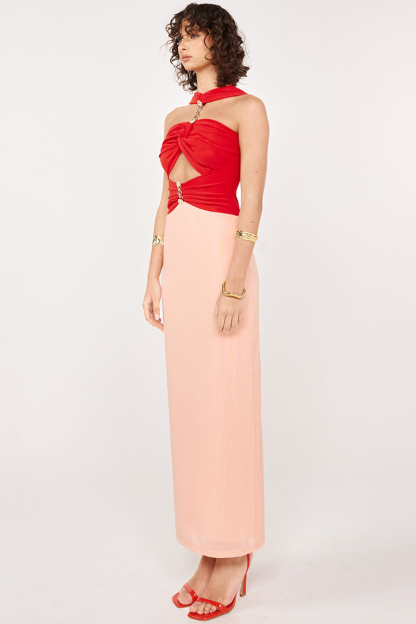 Colorblock Ruched Cutout Slim Fit Sleeveless Maxi Dresses-Red-Hayhty.All Rights Reserved.