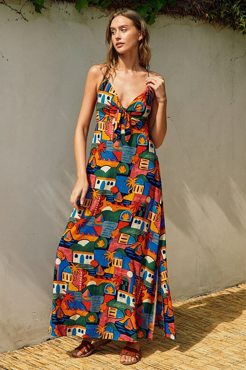 Multicolor Pattern Deep V Neck Backless Slip Maxi Dresses-Red-Hayhty.All Rights Reserved.