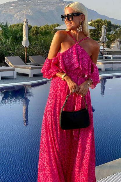 Halter Off Shoulder Ruffle Leopard Print Vacation Maxi Dresses-Hayhty.All Rights Reserved.