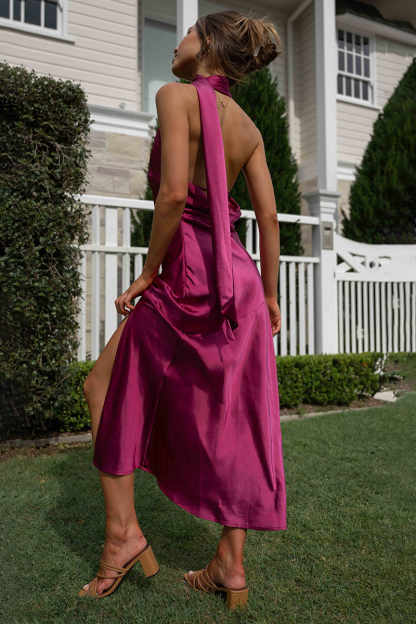 High Halter Open Back Slit Midi Dresses-Hayhty.All Rights Reserved.