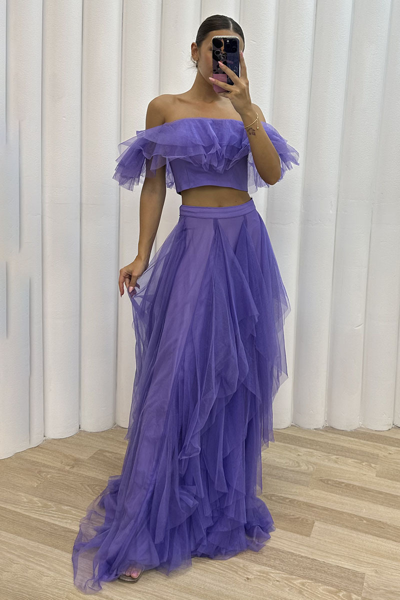 Off Shoulder Crop Top Irregular Tulle Maxi Skirt Evening Gown Matching Set-Hayhty.All Rights Reserved.