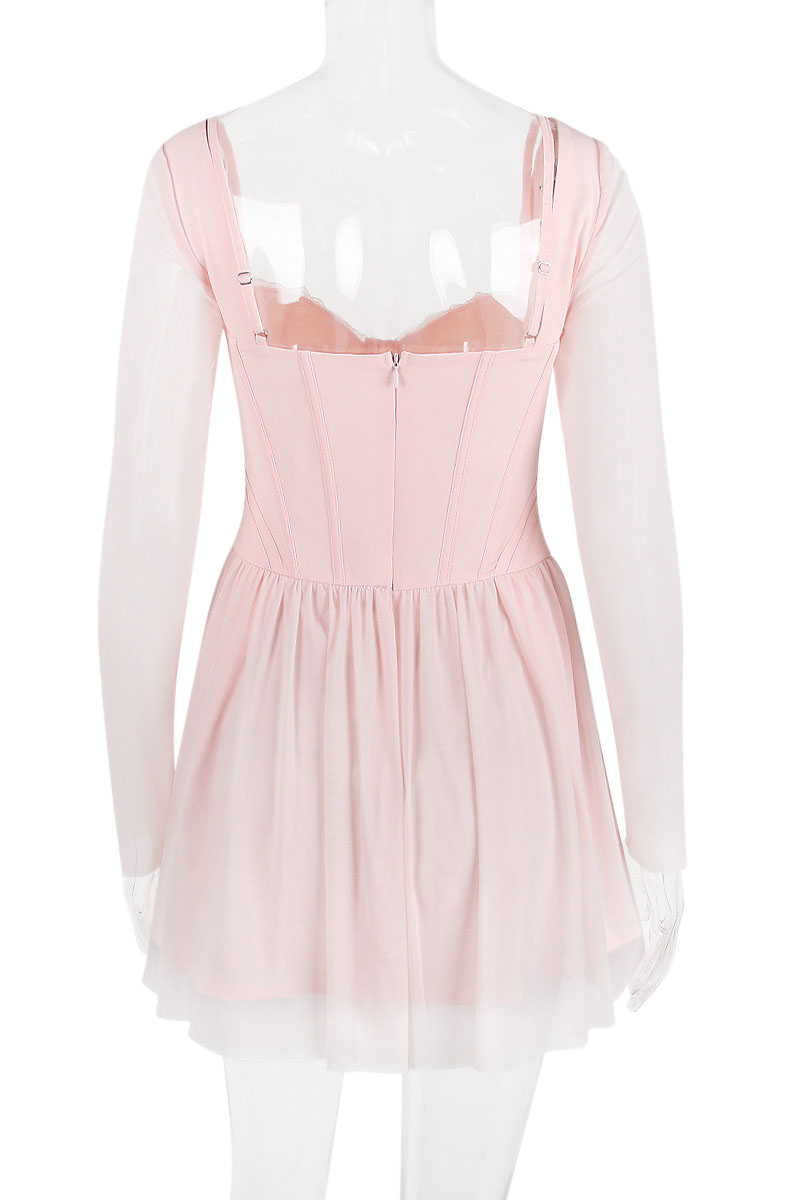 Mesh Long Sleeve Corset A-Line Pleated Ballet Style Mini Dresses-Hayhty.All Rights Reserved.