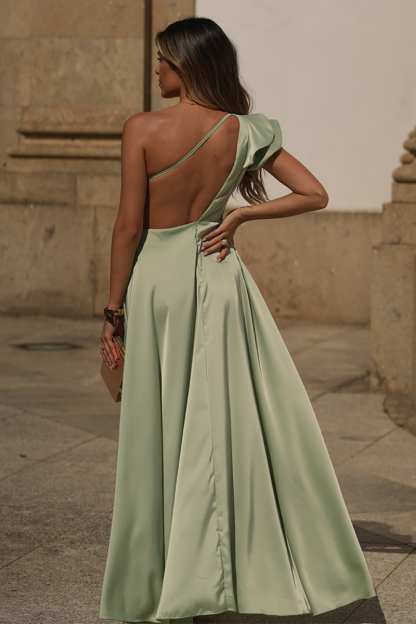 Ruffled One Shoulder High Slit Backless Gowns Maxi Dresses-Green-Hayhty.All Rights Reserved.