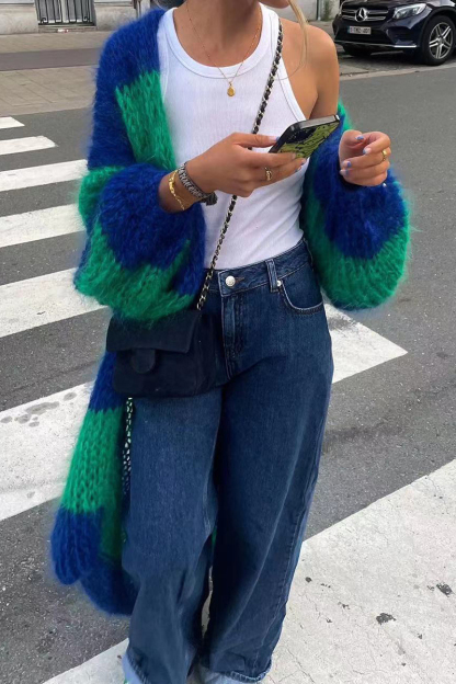 Colorblock Balloon Sleeve Open Front Sweater Long Cardigan-Green-Hayhty.All Rights Reserved.