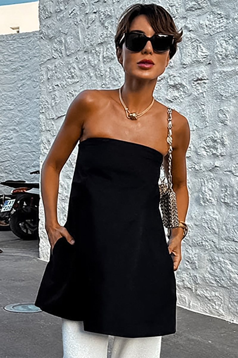 Solid Color Loose Fit A-Line Strapless Top-White-Hayhty.All Rights Reserved.