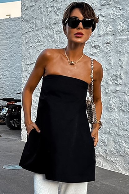 Solid Color Loose Fit A-Line Strapless Top-White-Hayhty.All Rights Reserved.