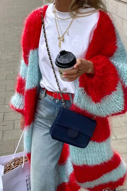 Colorblock Balloon Sleeve Open Front Sweater Long Cardigan-Green-Hayhty.All Rights Reserved.