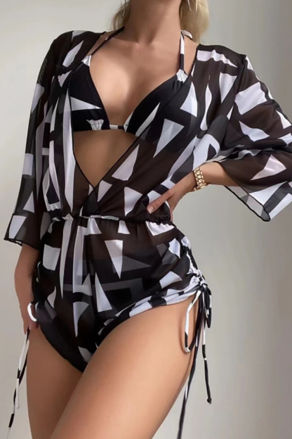 Tropical Print Romper Halter Bikini Three-Piece Swimsuit Matching Set-Hayhty.All Rights Reserved.