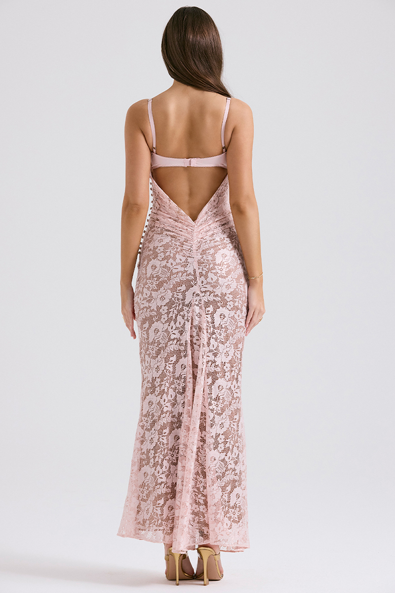 Floral Lace Backless Slim Fit Spaghetti Strap Maxi Dresses-Pink-Hayhty.All Rights Reserved.