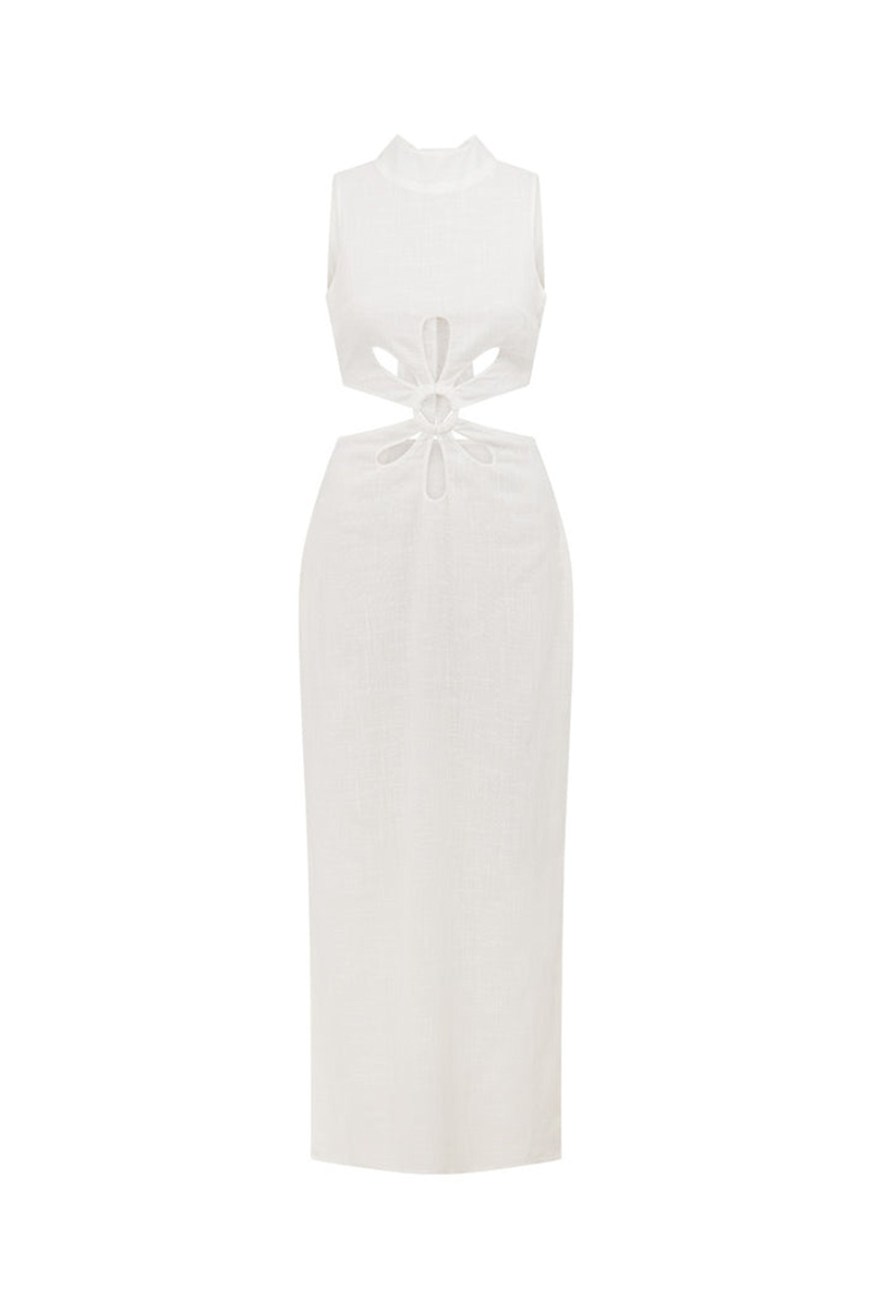 White Cutout Hollow Out Tied Up Sleeveless High Neck Slit Slim Maxi Dresses-Hayhty.All Rights Reserved.