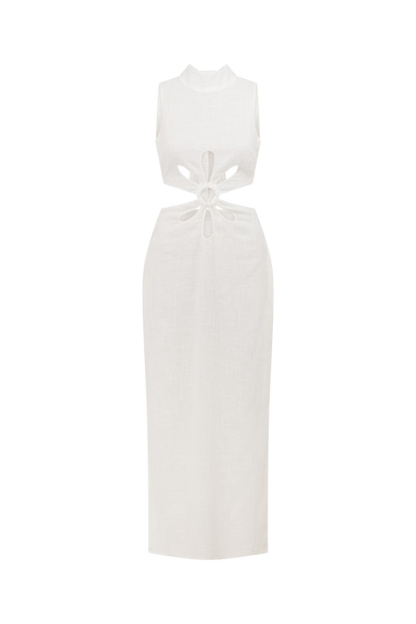 White Cutout Hollow Out Tied Up Sleeveless High Neck Slit Slim Maxi Dresses-Hayhty.All Rights Reserved.