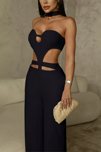 Sleeveless Halter Neck Cutout Wide Leg Irregular Jumpsuit-Ivory-Hayhty.All Rights Reserved.