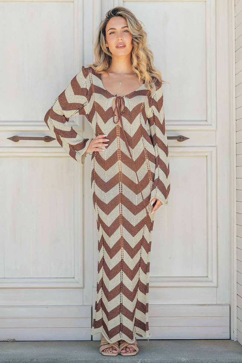 Colorblock Wavy Crochet Long Sleeve Vacation Cover-Up Maxi Dresses-Black-Hayhty.All Rights Reserved.