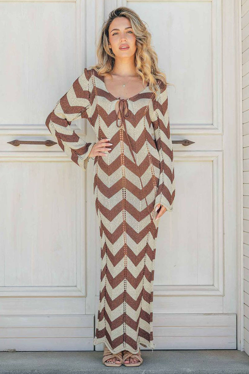 Colorblock Wavy Crochet Long Sleeve Vacation Cover-Up Maxi Dresses-Black-Hayhty.All Rights Reserved.