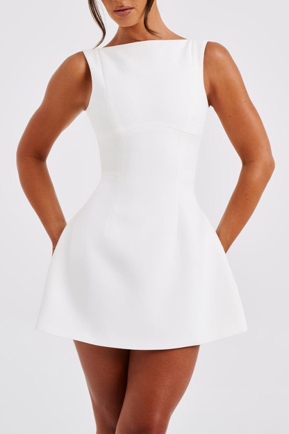 Solid Color A-Line Backless Mini Tank Dresses-White-Hayhty.All Rights Reserved.