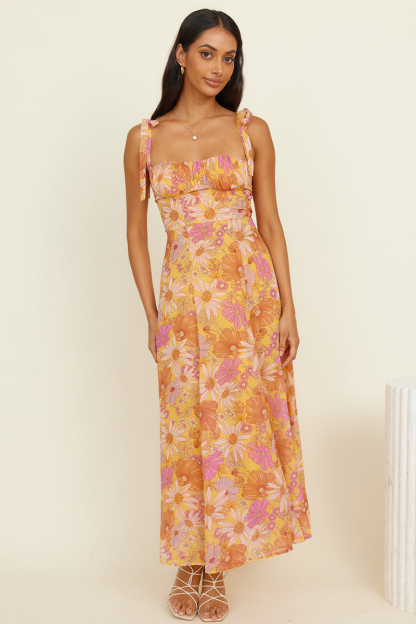 Floral Print Boat Neckline Tie Up Wide Strap A-Line Midi Dresses-Orange-Hayhty.All Rights Reserved.