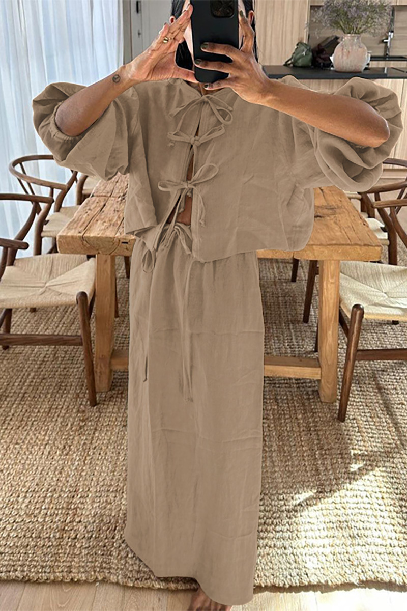 Puff Sleeve Front Tie Up Blouse Solid Color Maxi Skirt Matching Set-Brown-Hayhty.All Rights Reserved.