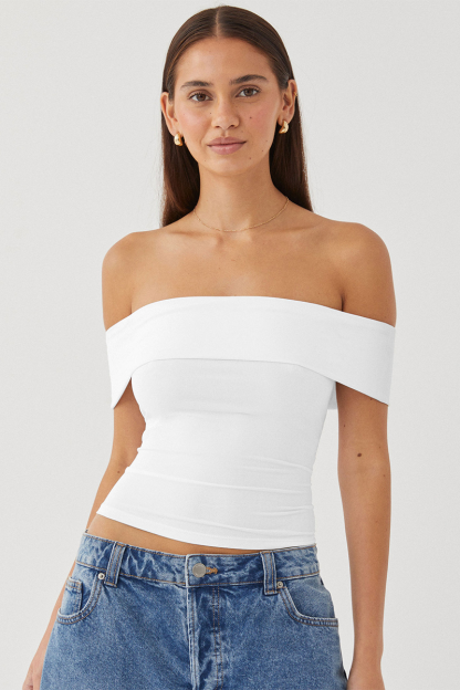 Boat Neck Dropped Shoulder Solid Color Slim Fit Crop Top-White-Hayhty.All Rights Reserved.