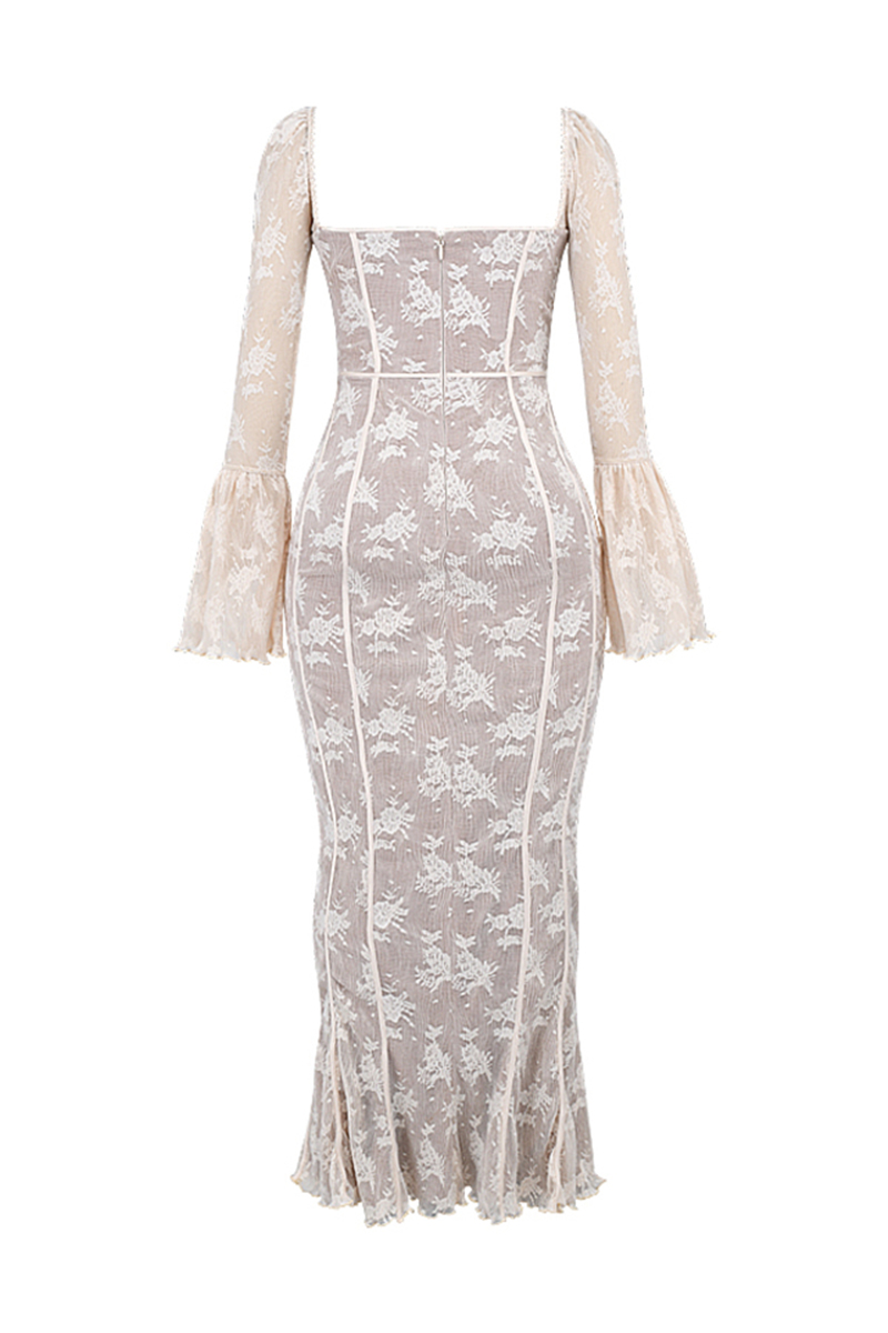 Square Neck Long Flare Sleeve Jacquard Fishtail Garden Party Maxi Dresses-White-Hayhty.All Rights Reserved.