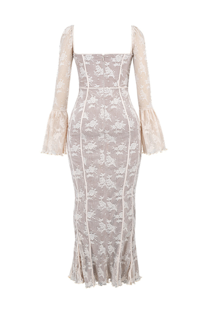 Square Neck Long Flare Sleeve Jacquard Fishtail Garden Party Maxi Dresses-White-Hayhty.All Rights Reserved.