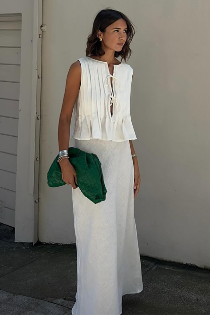 Tie Up Ruffled Sleeveless Top Solid Color Maxi Skirt Matching Set-White-Hayhty.All Rights Reserved.