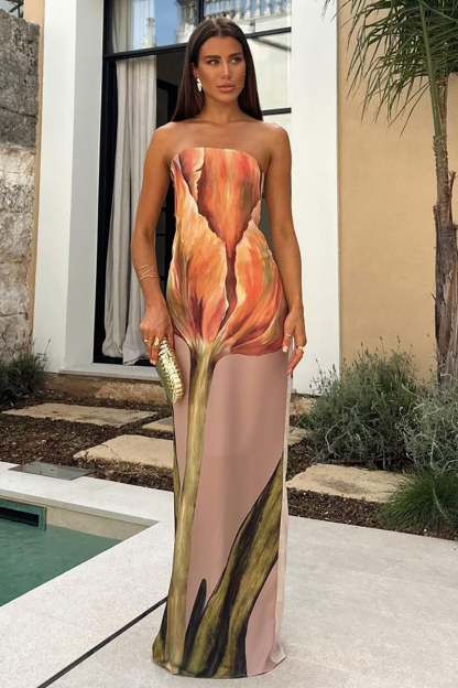 Floral Print Boat Neck Maxi Tube Dresses-Green-Hayhty.All Rights Reserved.