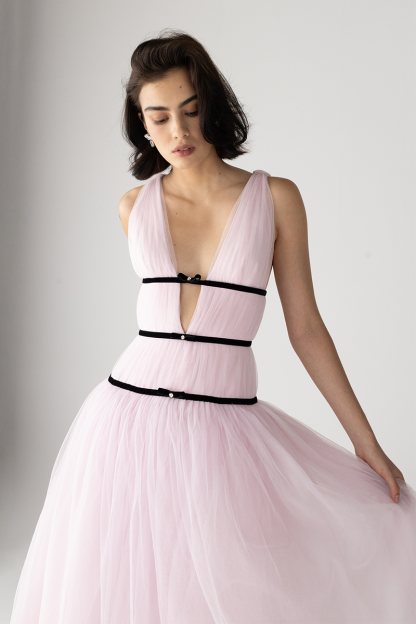 Ribbon Wrapped Deep V Neck Tulle A-Line Midi Dresses-Pink-Hayhty.All Rights Reserved.