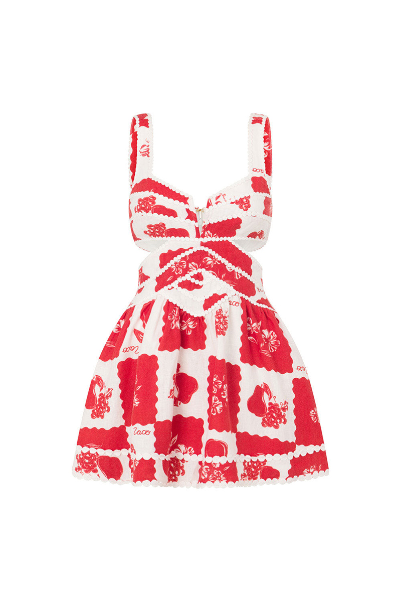 Notched V Neck Cutout Print A-Line Sleeveless Mini Dresses-Red-Hayhty.All Rights Reserved.