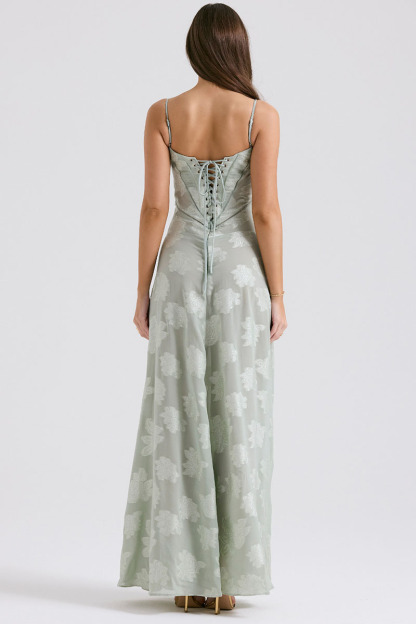 Elegant Floral Print Quilted Lace Up Back Formal Party Flowy Maxi Dresses-Green-Hayhty.All Rights Reserved.