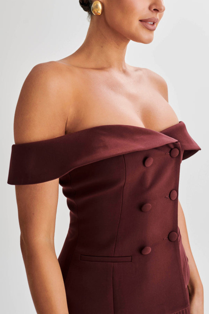 Off Shoulder Double Breasted Top Pleated Mini Skirt Matching Set-Burgundy-Hayhty.All Rights Reserved.