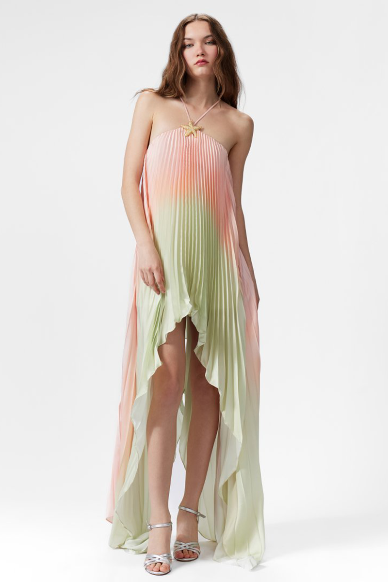 Halter Gradient Color Pleated Irregular Hem Maxi Dresses-Green-Hayhty.All Rights Reserved.