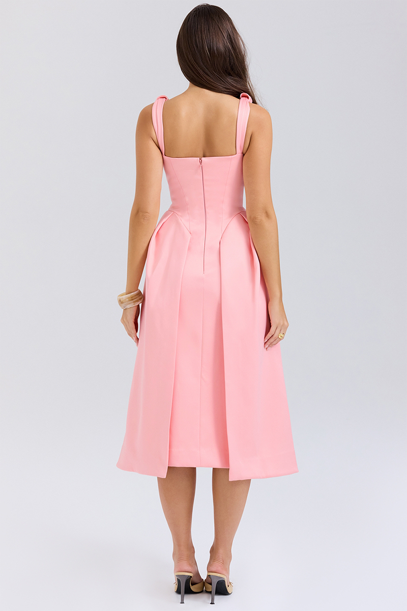Deep V Neck Cinch Waist Satin Midi Tank Dresses-Pink-Hayhty.All Rights Reserved.