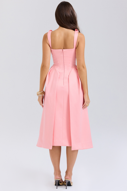 Deep V Neck Cinch Waist Satin Midi Tank Dresses-Pink-Hayhty.All Rights Reserved.