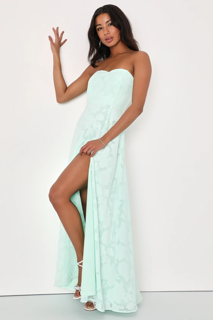 Sweetheart Neckline Strapless Slit Jacquard A-Line Gowns Maxi Dresses-Pink-Hayhty.All Rights Reserved.