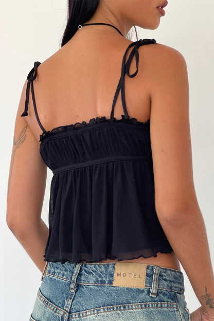 Tie Up Shoulder Straps Frilled A-Line Crop Top-Off White-Hayhty.All Rights Reserved.