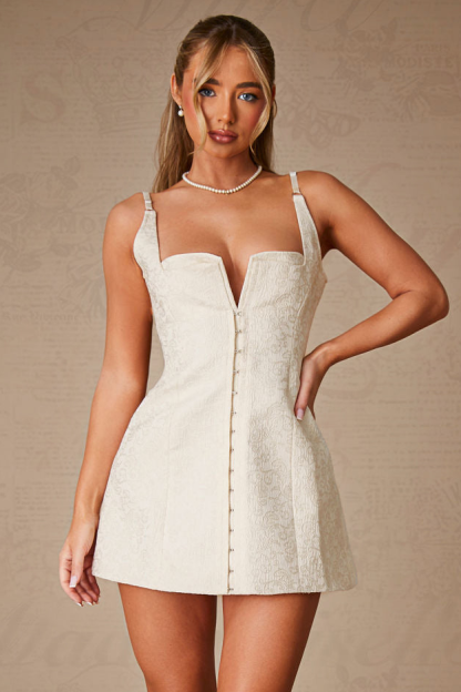 Wide Straps Single-Breasted A-Line Textured Mini Dresses-White-Hayhty.All Rights Reserved.