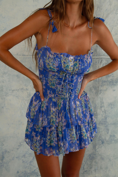 Floral Print Spaghetti Strap Slim Fit Tiered Ruffled Mini Dresses-Blue-Hayhty.All Rights Reserved.