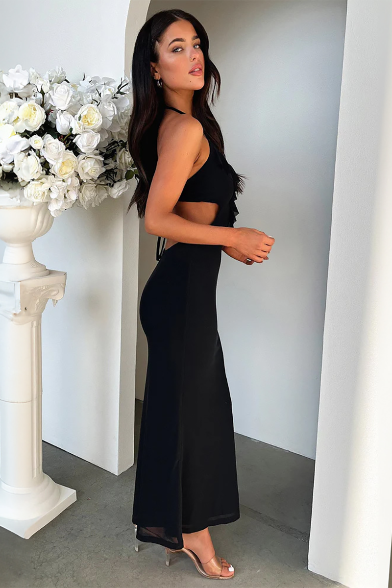 Ruffled Bodycon Open Back Halter Maxi Dresses-White-Hayhty.All Rights Reserved.