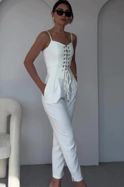 Front Lace Up Cami Solid Color Pants Matching Set-White-Hayhty.All Rights Reserved.